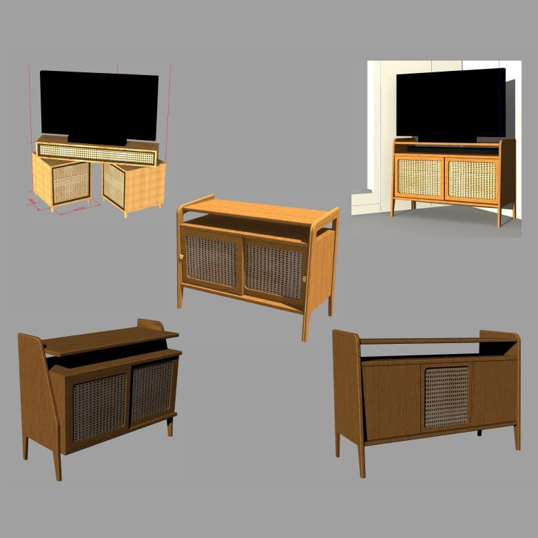 Dessins 3D de cinq proposition de meuble TV conçu sur mesure.